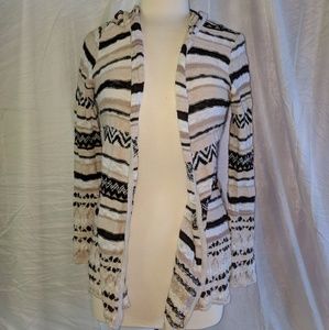White black and tan knit hooded cardigan